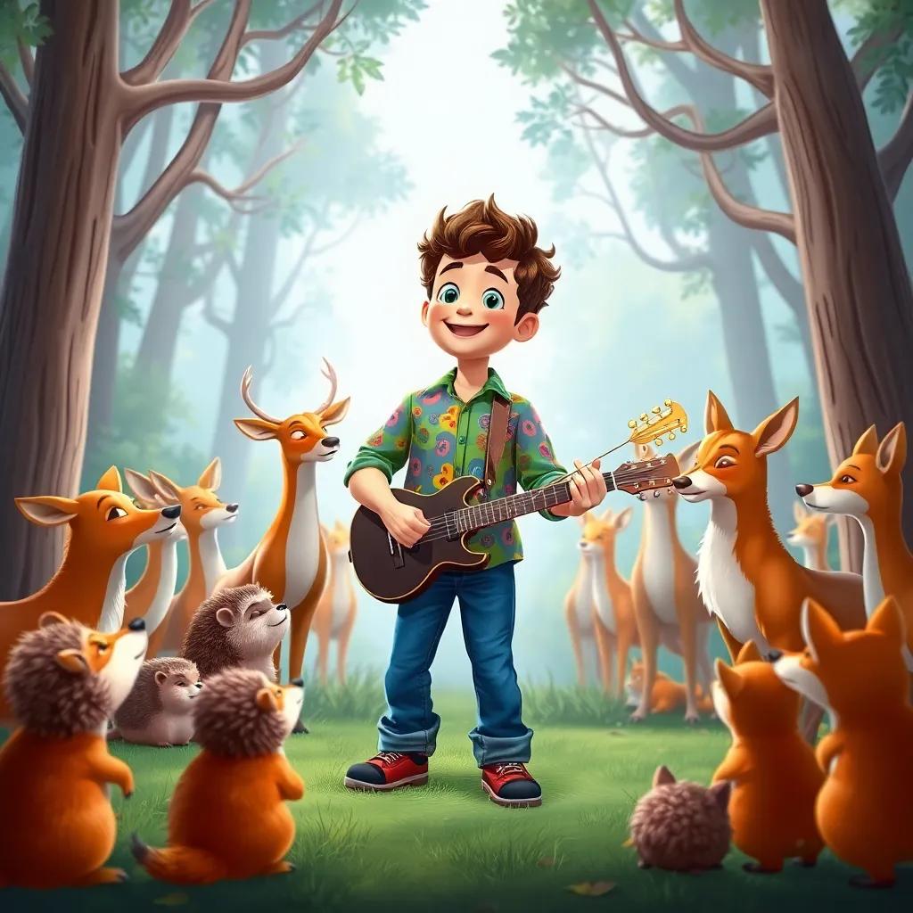 Basel, a talented musician with short curly hair, in a colorful shirt and jeans, surrounded by deer, hedgehogs, and foxes, all watching him with admiration, cheerful gathering in the forest, illustration, friendly and inviting, child-friendly