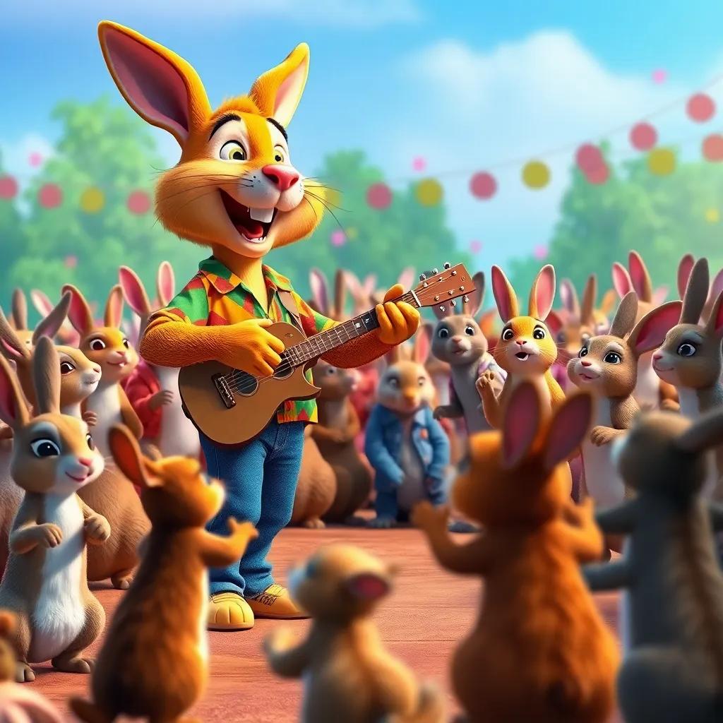 An excited crowd of animals including rabbits and squirrels watching Basel, a talented musician in a colorful shirt and jeans, playing an energetic tune, all animals dancing joyfully, colorful and lively scene, fantasy, vibrant colors