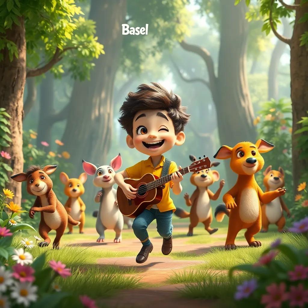 Basel, a talented musician with short curly hair, happily leading a parade of dancing animals through the lush forest, filled with greenery and colorful flowers, cheerful and vibrant atmosphere, enchanting scene, digital art, high quality