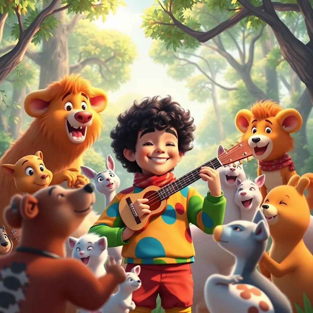 Basel, a talented musician with curly hair and colorful clothing, surrounded by joyful animals in a sunny forest, all animals thanking him for his music, heartwarming scene, rich colors, uplifting imagery