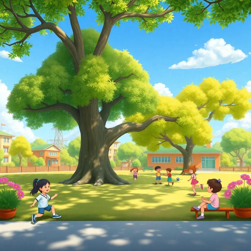 A sunny school park with children playing under a large tree, bright colors, cheerful atmosphere, digital art, child-friendly