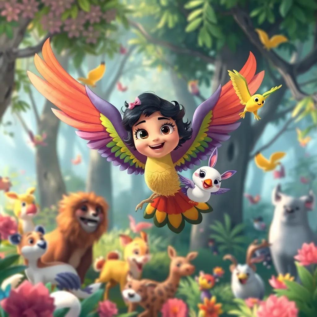 Leila as a colorful bird flying with her friends, surrounded by various animals in a vibrant forest, cheerful and lively, illustration