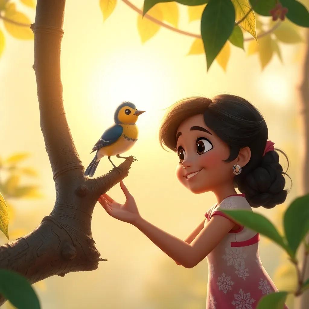 Leila helping a small stuck bird down from a high branch, showing kindness and bravery, bright background, warm light, heartwarming moment