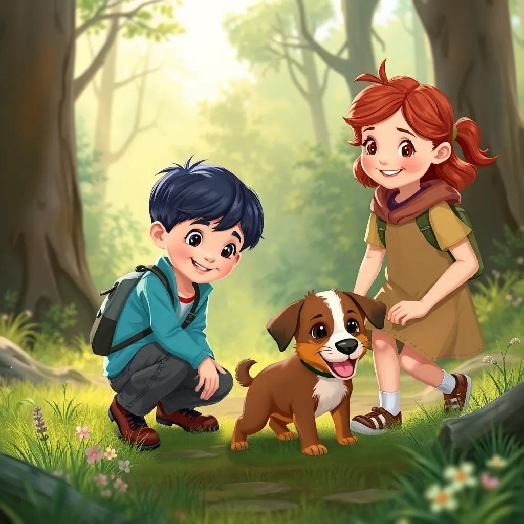 The children finding a lost puppy, showcasing teamwork and friendship, beautiful forest background, detailed illustration