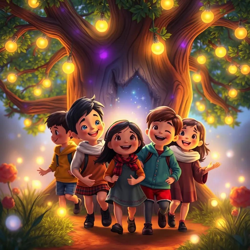 The children returning to the school tree, with magical lights sparkling around them, smiling and filled with joy, warm colors, enchanting atmosphere