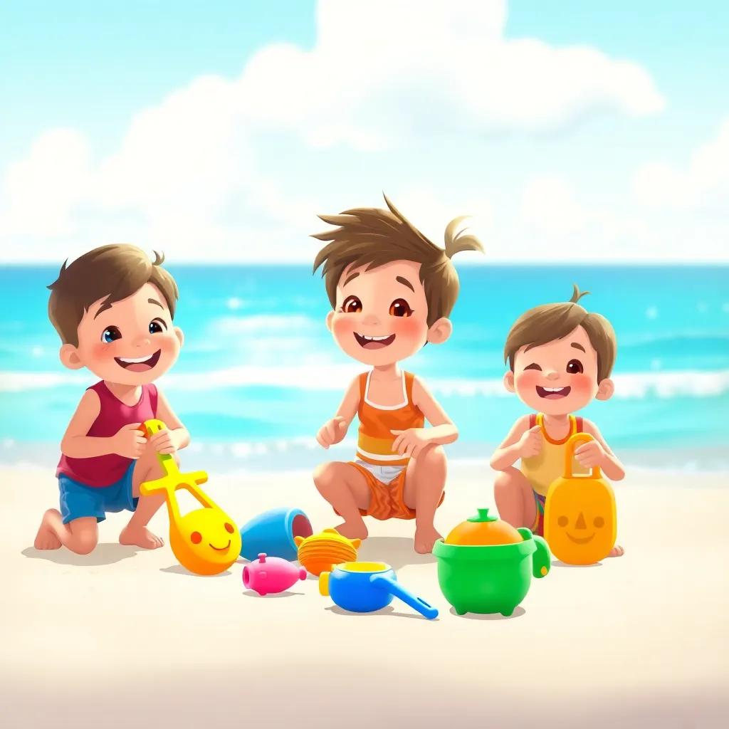 A group of happy children playing on the beach with colorful beach toys and a bright blue sea in the background, digital art, vibrant colors, joyful atmosphere, high quality