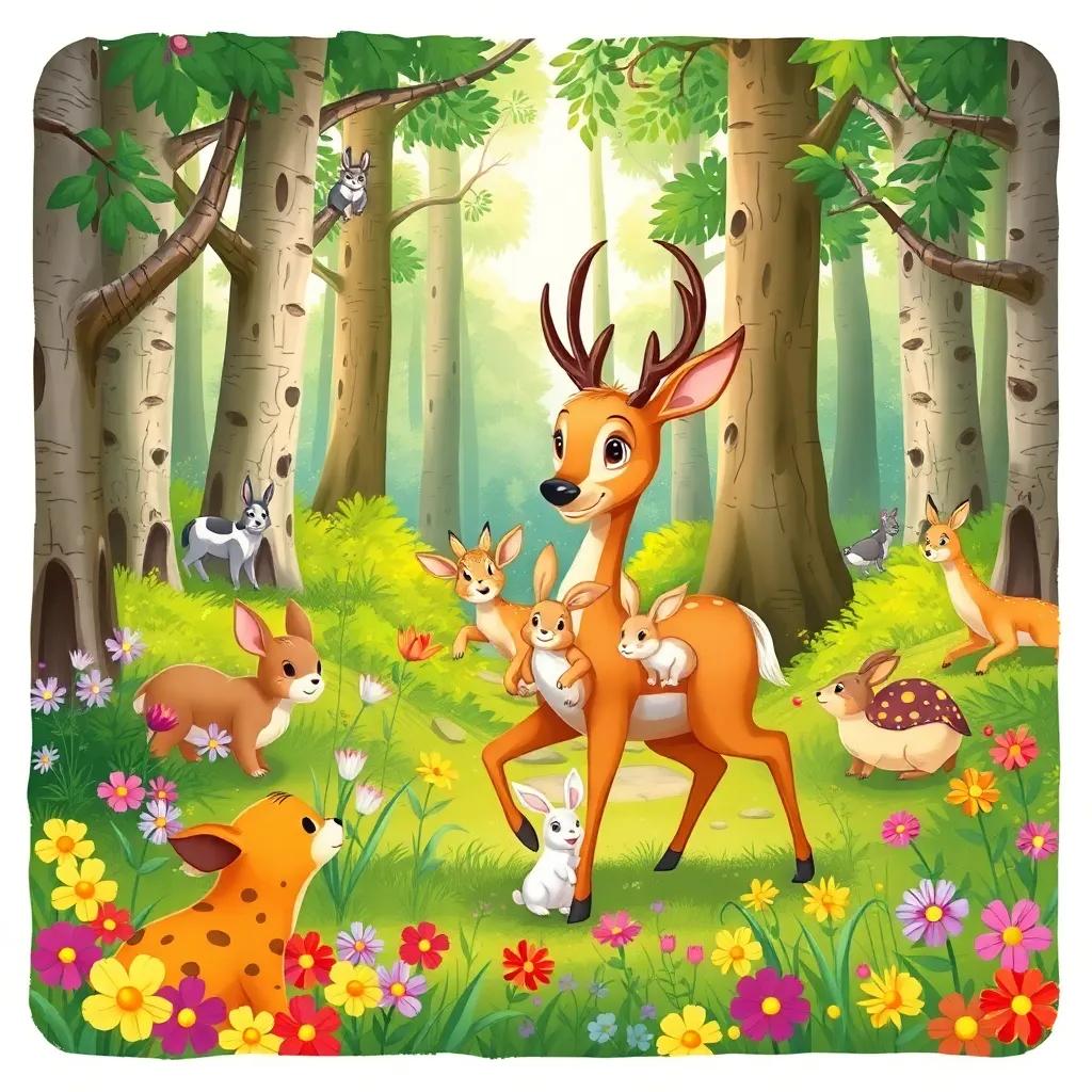 A lively forest scene with animals bustling about, deer carrying baby rabbits, colorful flowers and lush greenery, cheerful sunlight filtering through the trees, digital illustration, vibrant colors, high quality