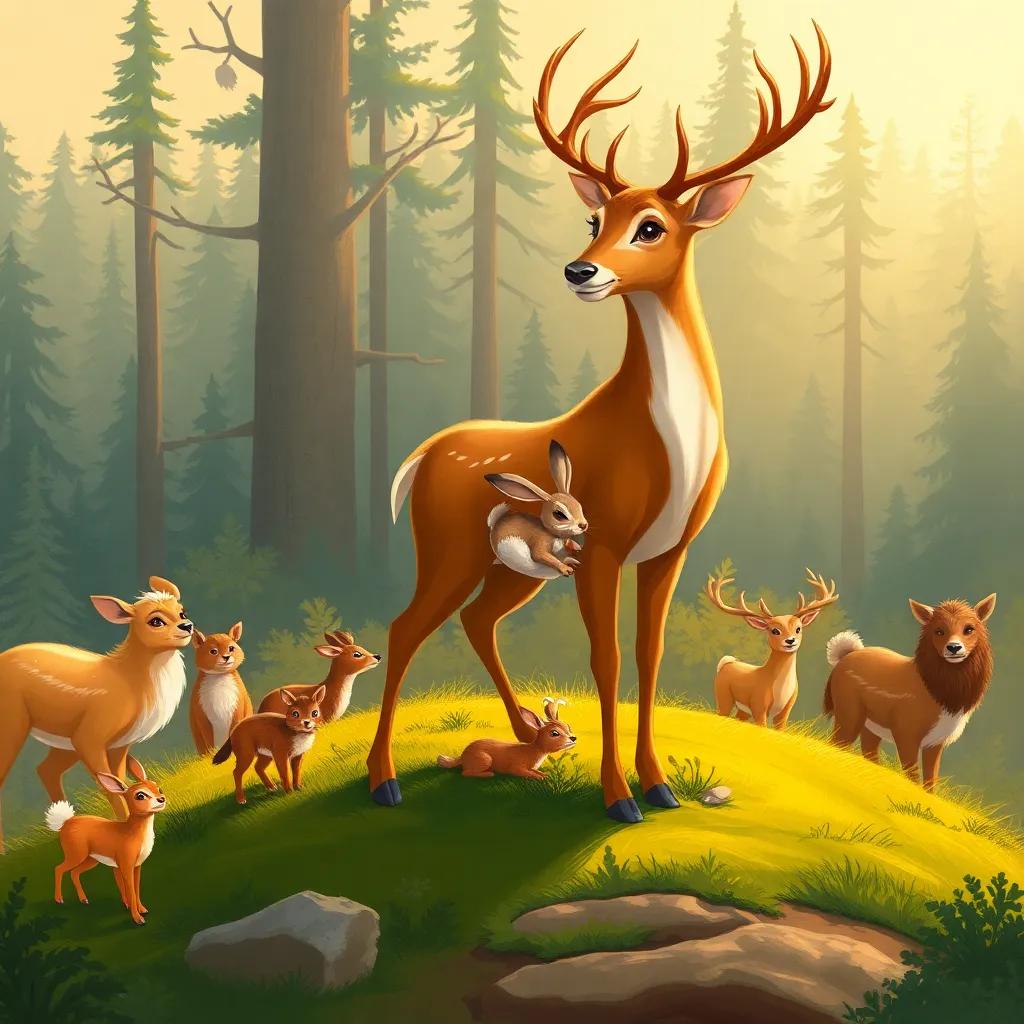 A majestic deer with a baby rabbit in its mouth, standing on a hilltop surrounded by other animals preparing for a gathering in the forest, warm sunlight, inviting atmosphere, digital art, detailed textures, high quality