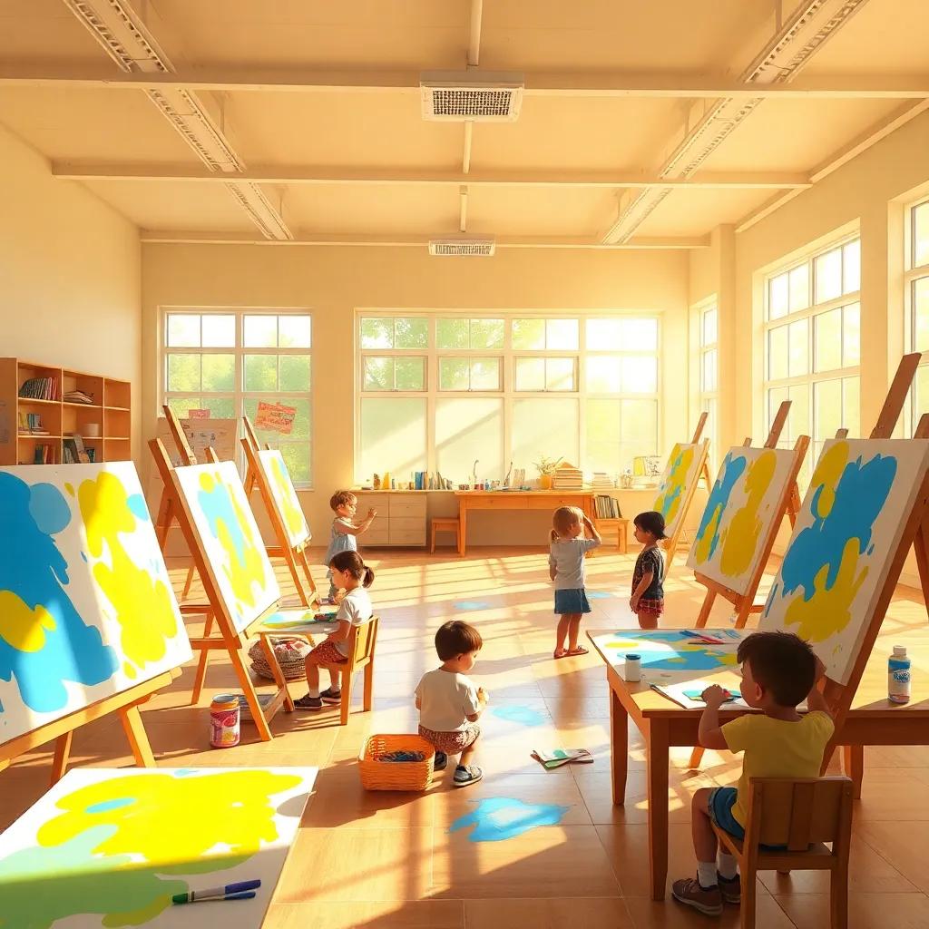 A classroom filled with sunlight, children painting on large colorful canvases, vibrant colors of yellow and blue are visible, digital art, cheerful atmosphere, warm light, high quality