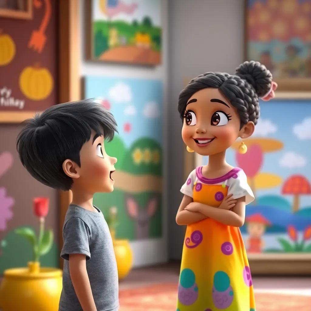 Ali, a young boy with dark hair wearing a t-shirt, talking excitedly to Fatima, a girl with braided hair in a bright dress, surrounded by colorful paintings, playful setting, child-friendly