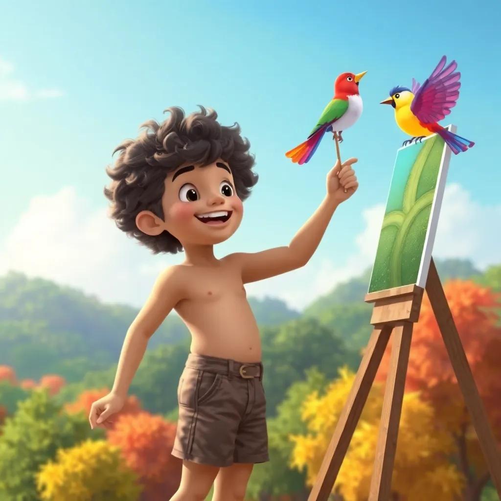 Sami, a boy with curly hair wearing shorts, joyfully painting a colorful singing bird above happy trees, lively and bright colors, captivating scene, cheerful vibe, high quality