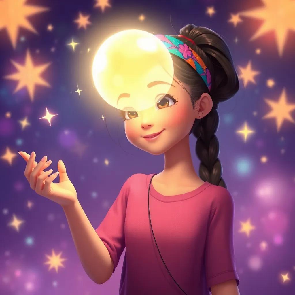 Maryam, a girl with long hair tied in a ponytail wearing a colorful headband, sharing her magical idea, with sparkles and stars around her, magical and engaging atmosphere, vibrant and inviting