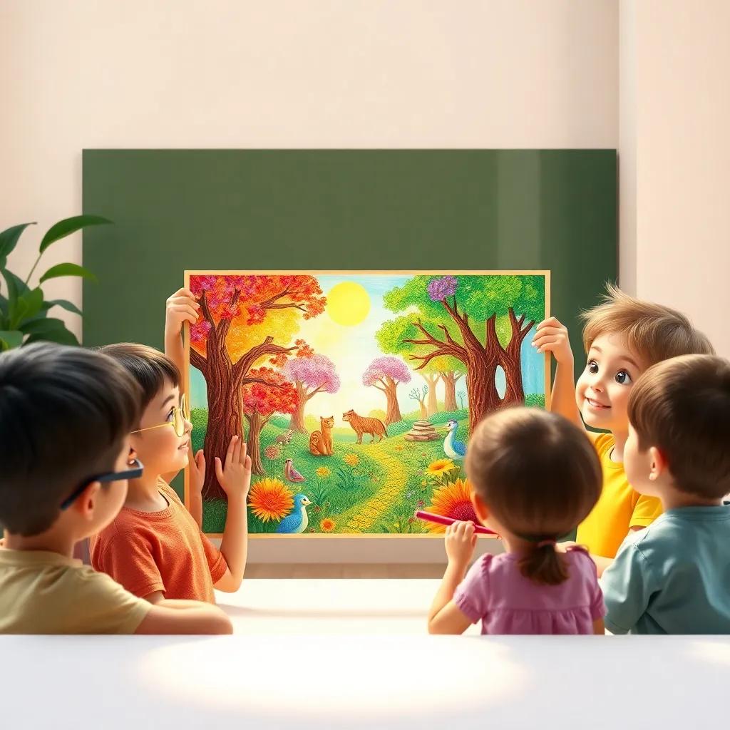 A group of children looking proudly at their finished colorful artwork that depicts a vibrant garden filled with trees and animals, sense of joy and accomplishment, warm and uplifting light, high quality