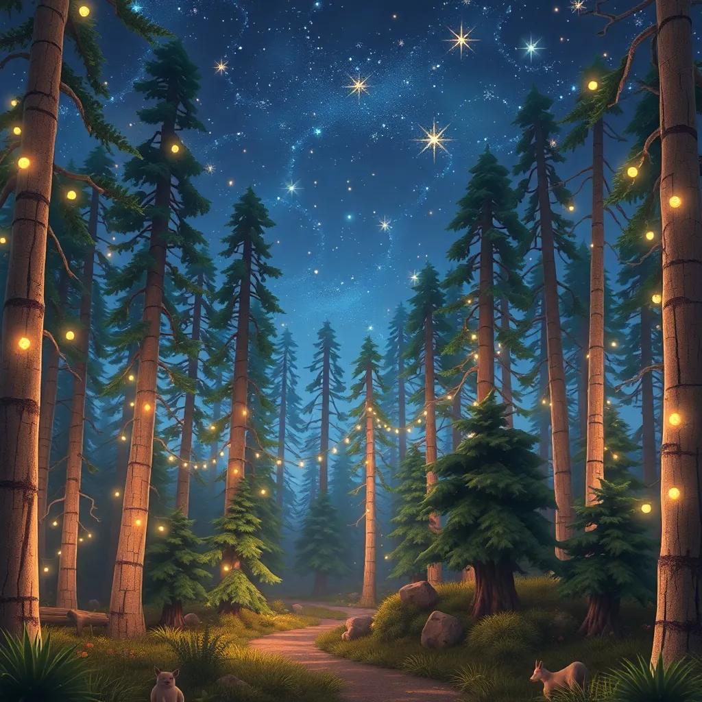 A whimsical forest at night, filled with tall trees and sparkling stars, digital art, enchanting atmosphere, soft and warm colors, high perspective, magical quality, fantasy theme