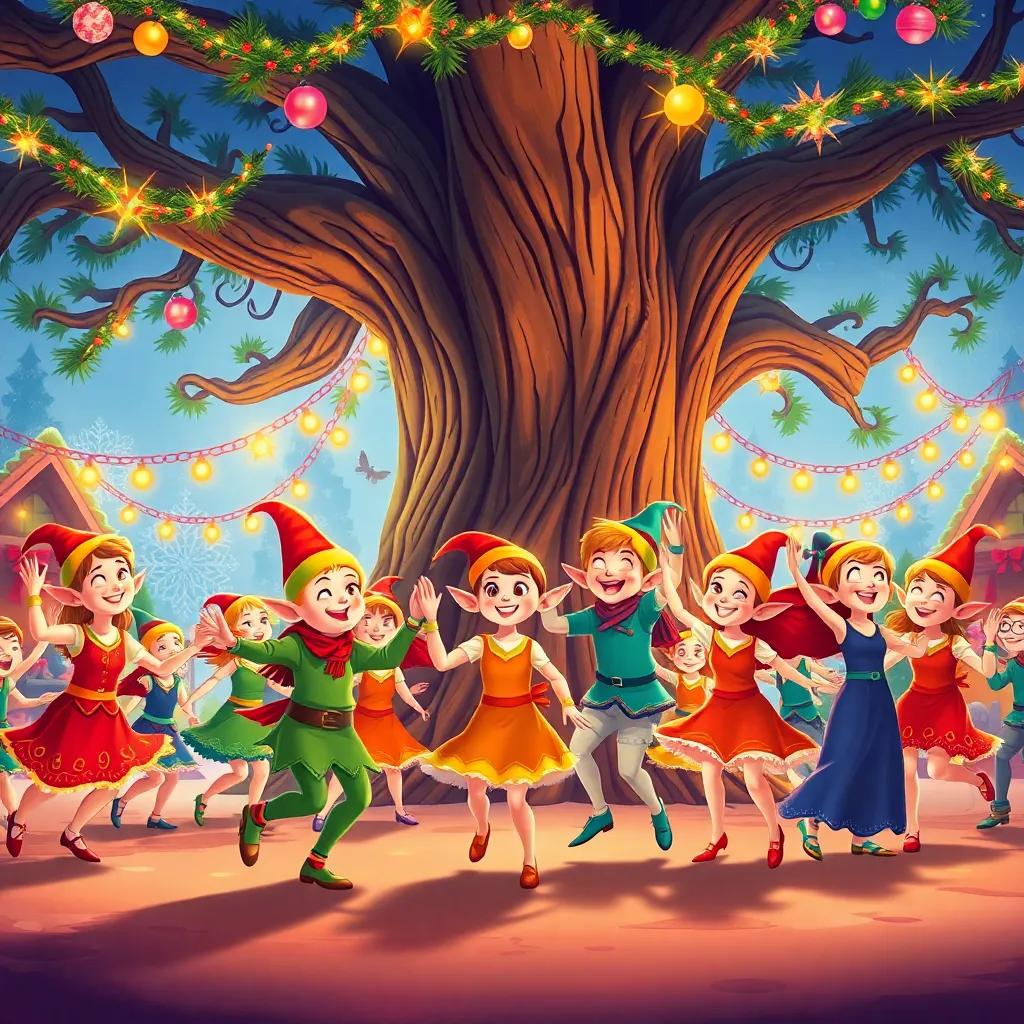 Dancing elves in colorful outfits, joyfully celebrating under a large ancient tree, rich decorations with lights and greenery, illustration, vibrant colors, festive mood, high quality
