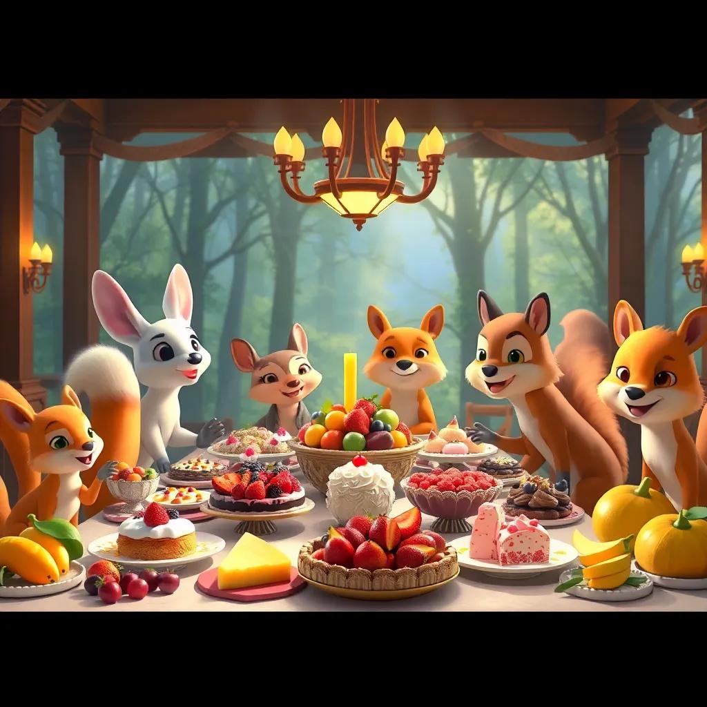 An assortment of sweets and fresh fruits arranged beautifully at a grand table, with cheerful forest animals joining in, colorful, inviting light, storytelling view, animated art
