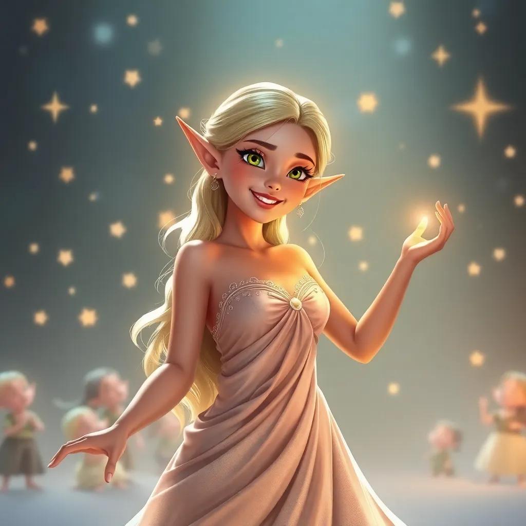 A beautiful elf lady in an elegant gown, shining like stars, dancing with joyful elves, soft draped fabric, warm light illuminating her smile, fantasy style, exquisite detail