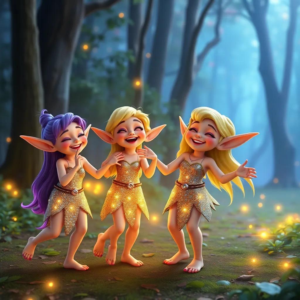 Elves in shiny clothes laughing and dancing, exchanging wisdom with every step they take, forest backdrop with glowing lights and joyful expressions, vibrant and cheerful, magical quality