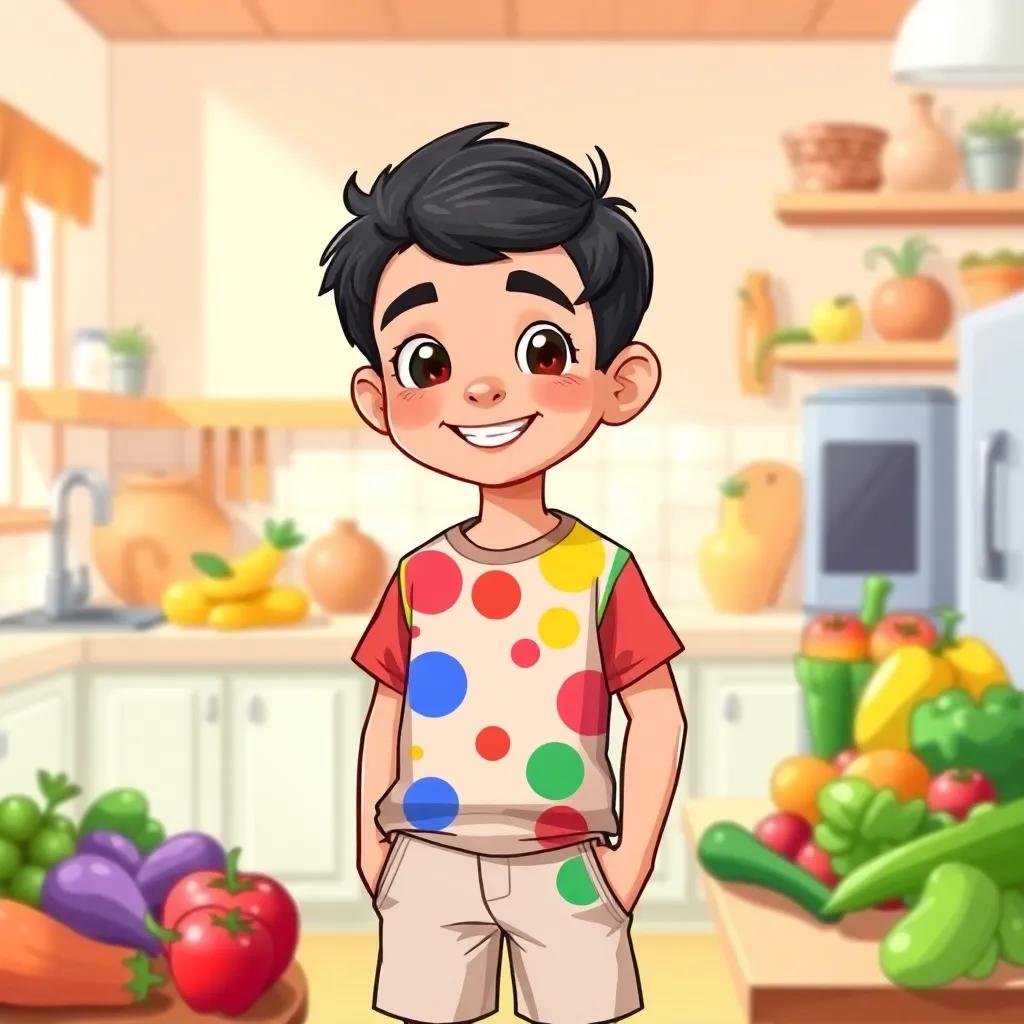 A young Arab boy, Sami, with short black hair, wearing a colorful t-shirt and shorts, standing in a bright kitchen with colorful fruits and vegetables on the table, smiling cheerfully, digital art, vibrant colors, warm and inviting atmosphere
