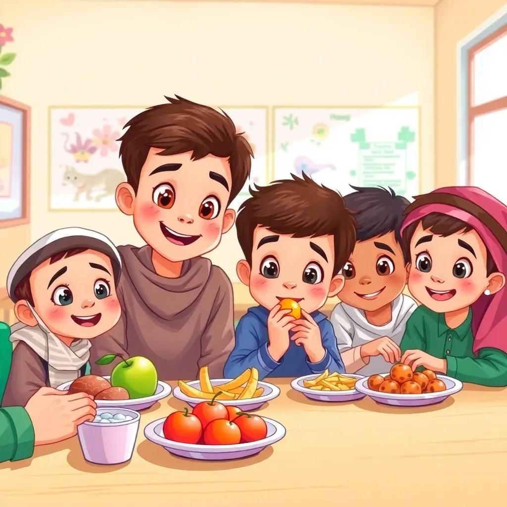 A group of young Arab boys sitting at a school lunch table with different foods in front of them, one boy enjoying a fruit and the others looking curious, bright classroom with colorful drawings on the walls, cheerful and lively, child-friendly, digital art
