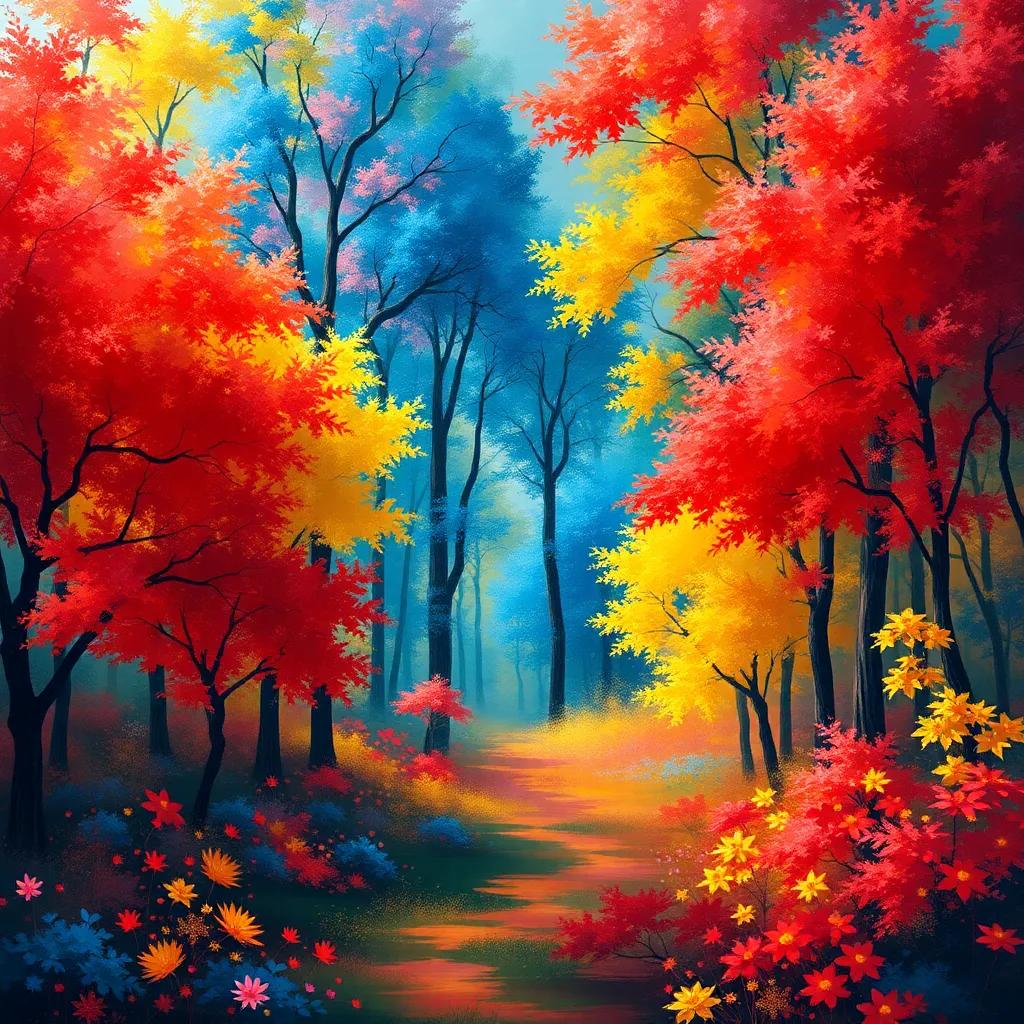 A colorful world with a bright forest full of primary colors, red, blue, and yellow dancing joyfully together, vibrant colors, cheerful atmosphere, enchanting scenery, digital art