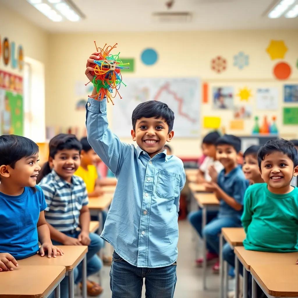 Sami, a young Arab boy with short black hair wearing a light blue shirt and jeans, proudly holding up a colorful plastic sculpture, surrounded by classmates who are amazed, a bright classroom filled with art, laughter, and joy, vibrant, engaging scenery, high quality