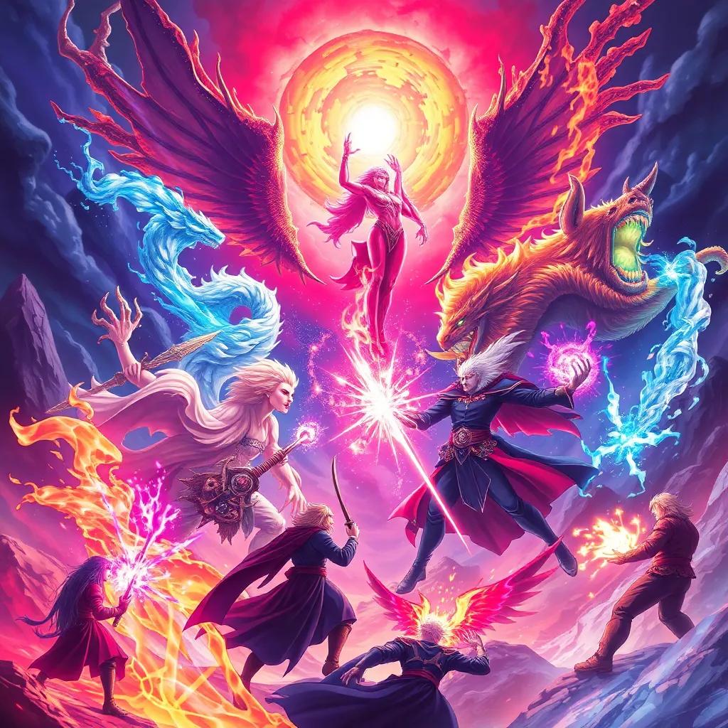 A magical battle scene in a fantasy world representing ten realms: fire, water, earth, air, sound, electricity, metal, wood, light, and darkness, illustrated in vibrant colors, grand atmosphere, dynamic poses, high quality