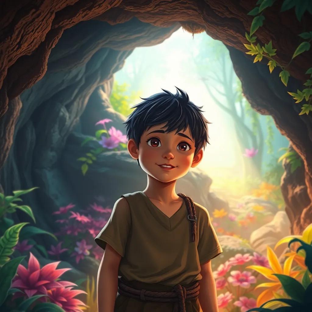 A young boy with short dark hair, wearing simple village clothes, discovering a magical cave in a forest, expression of wonder on his face, colorful plants and gentle light, warm and inviting atmosphere, fantasy art, high details