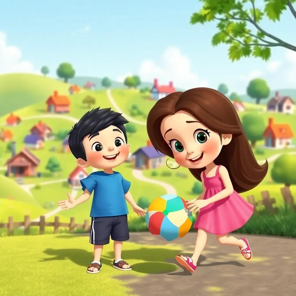 A cheerful small village with green fields and houses, featuring two children, Sami, a young boy with short black hair wearing a blue t-shirt and shorts, and Leila, a young girl with long brown hair wearing a pink dress, playing with a colorful ball in a sunny park, bright colors, happy atmosphere, cartoonish style, cute characters