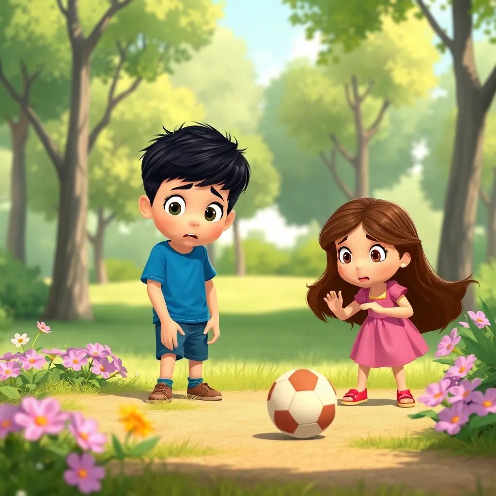 Sami, a young boy with short black hair in a blue t-shirt, and Leila, a young girl with long brown hair in a pink dress, looking worried as they search the park for a lost ball, with trees and flowers around them, vibrant colors, engaging scene, cartoonish style, child-friendly