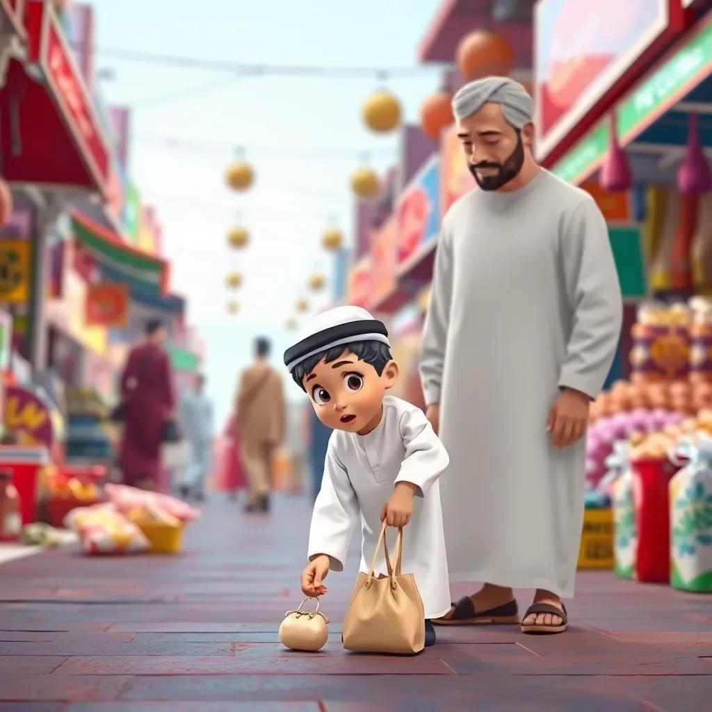 Rashid, a young Kuwaiti boy in a white dishdasha, finding a small bag on the ground in the busy market, looking surprised with his father beside him, shops and people in the background, bright market colors, cheerful mood, high quality.