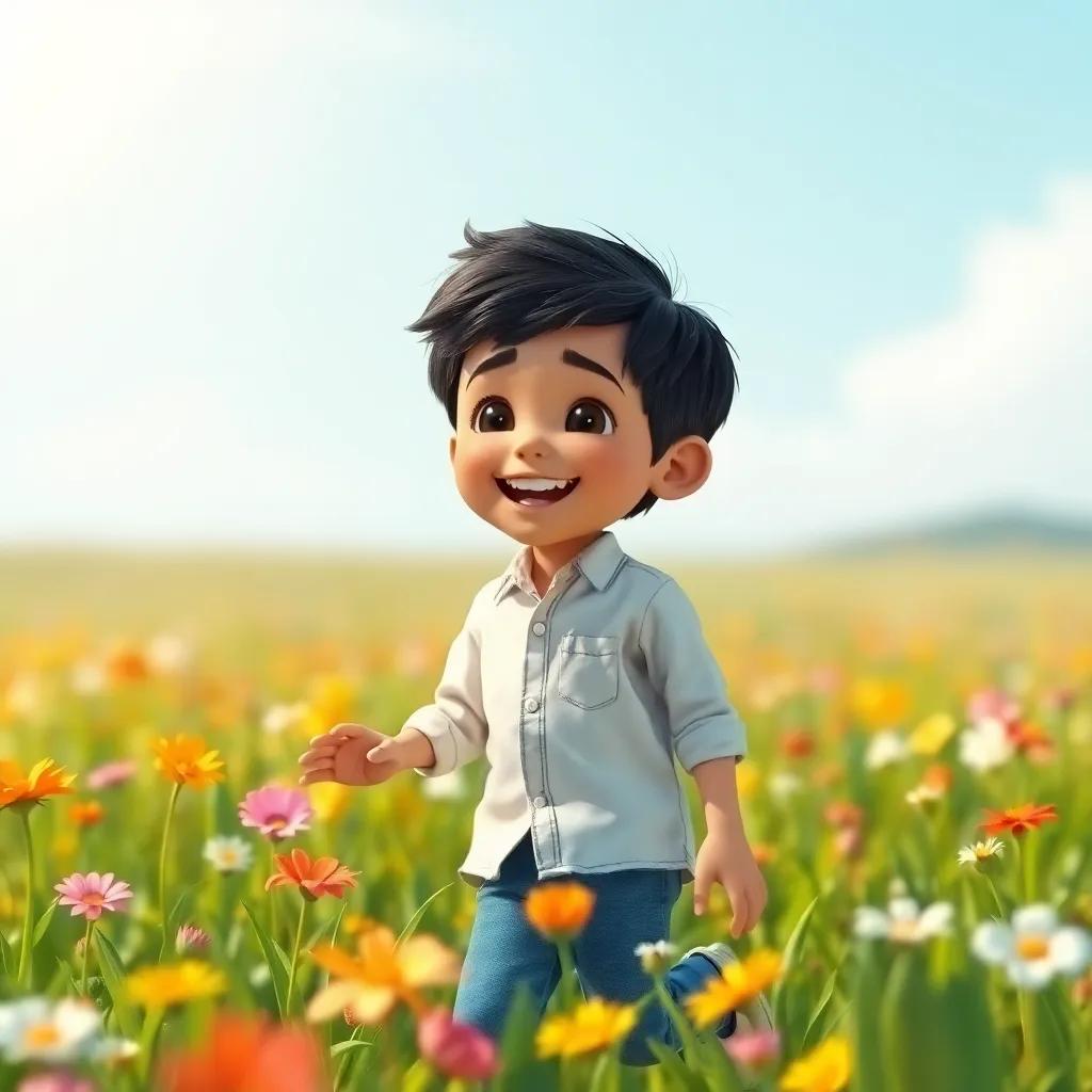A young boy, Hassan, with short black hair, wearing a simple white shirt and blue jeans, joyfully playing in a green field full of flowers, digital art, vibrant colors, sunny atmosphere, cheerful setting, high quality