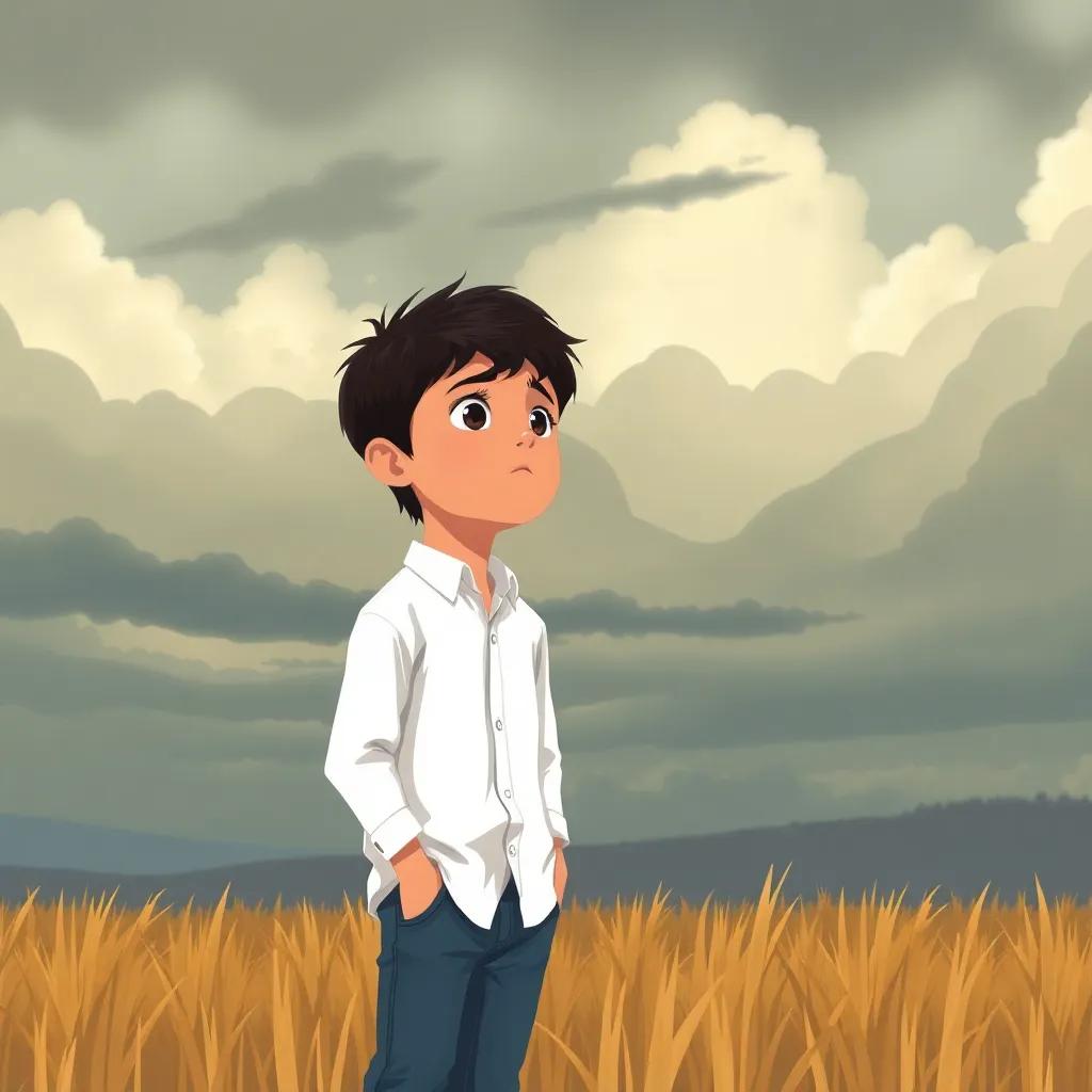 Hassan, a young boy with short black hair in a white shirt and blue jeans, looking up sadly at dark clouds covering the sky, surrounded by fields, illustration, muted colors, calm scene, high quality