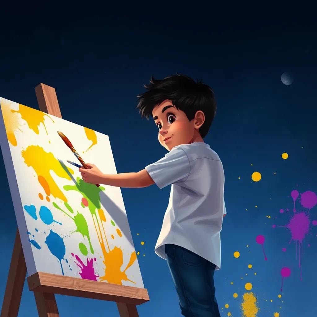 Hassan, a young boy with short black hair, wearing a white shirt and blue jeans, determinedly painting on a canvas under the dark sky, colorful paint splatters around him, digital art, inspirational mood, high quality