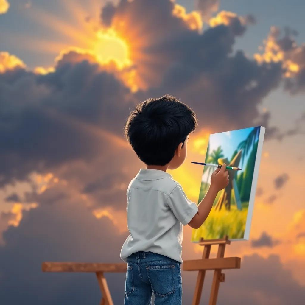 Hassan, a young boy with short black hair in a white shirt and blue jeans, passionately painting bright yellow and orange rays of sunshine behind dark clouds on his canvas, creative scene, vibrant colors, high quality