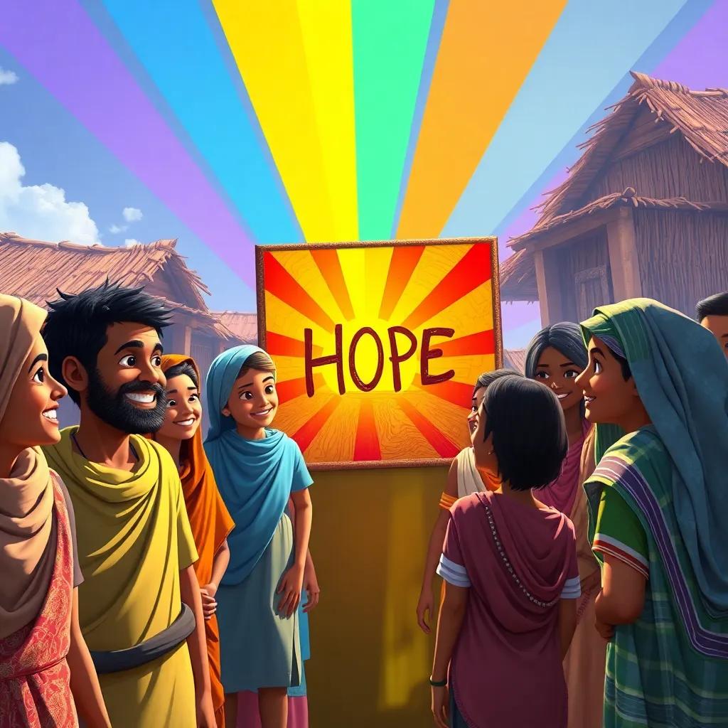 The villagers gathering around Hassan's artwork, with smiles on their faces, admiring the colorful rays of hope in his creation, lively atmosphere, bright colors, digital art, community celebration, high quality