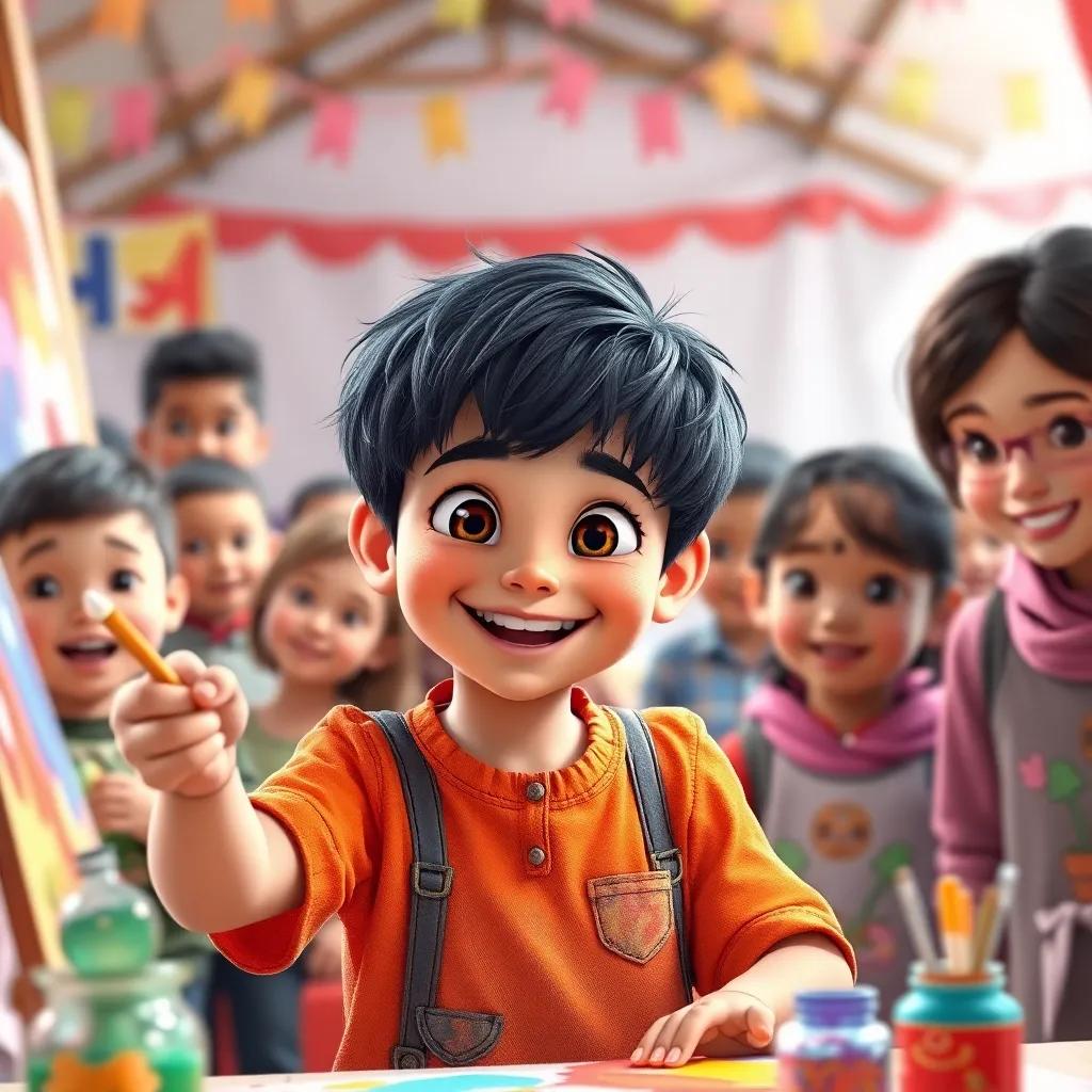 Hassan, a young boy with short black hair, with a big smile, painting eagerly with children and adults watching him, bright colors, joyful scene, high quality