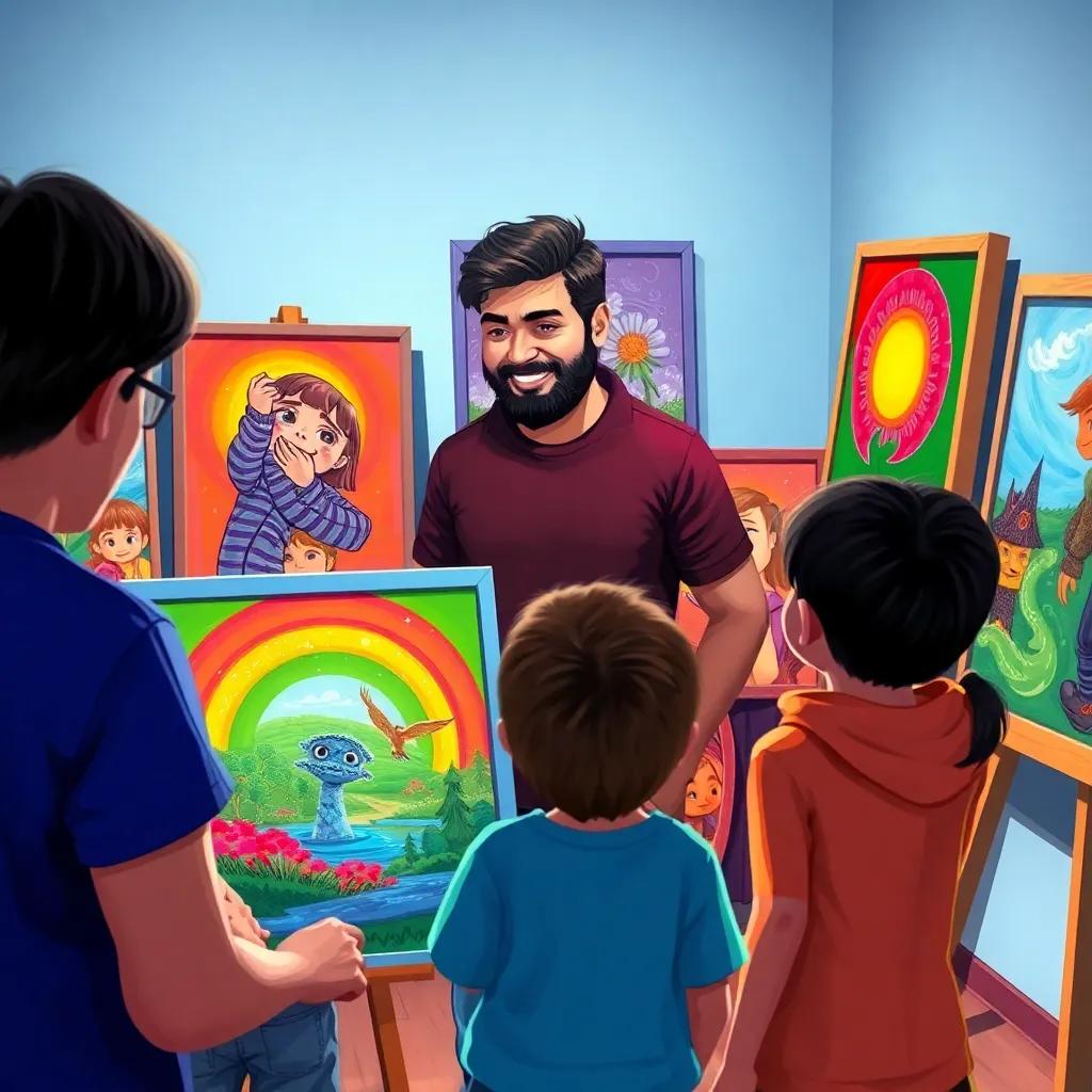 Hassan showcasing his colored paintings, children and adults admiring them, attention to details and colors, joyful and inspiring atmosphere, digital art, high quality