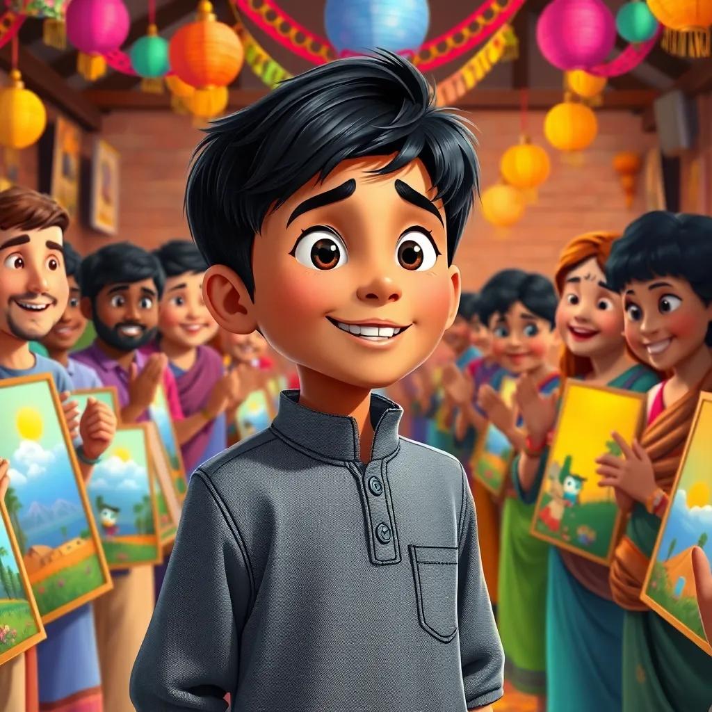 Hassan, a young boy with short black hair, with all his paintings displayed at an exhibition, surrounded by happy villagers clapping and smiling, colorful decorations, celebration scene, digital art, high quality