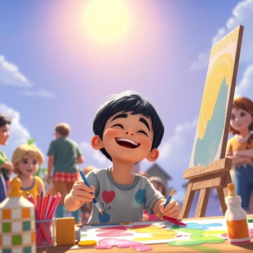 Hassan, a young boy with short black hair, joyfully painting under a bright sun, with people around him inspiring and supporting him, colorful scenes, fostering creativity, digital art, high quality