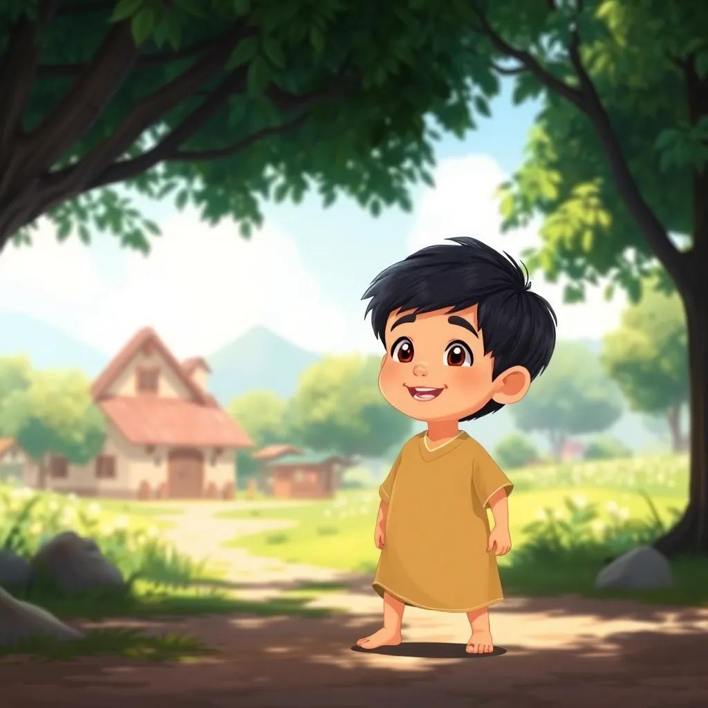 A small boy, Ali, with short black hair, wearing a simple tunic, playing under trees in a peaceful village, cheerful atmosphere, bright sunlight, cartoon style, vibrant colors, focus on joy