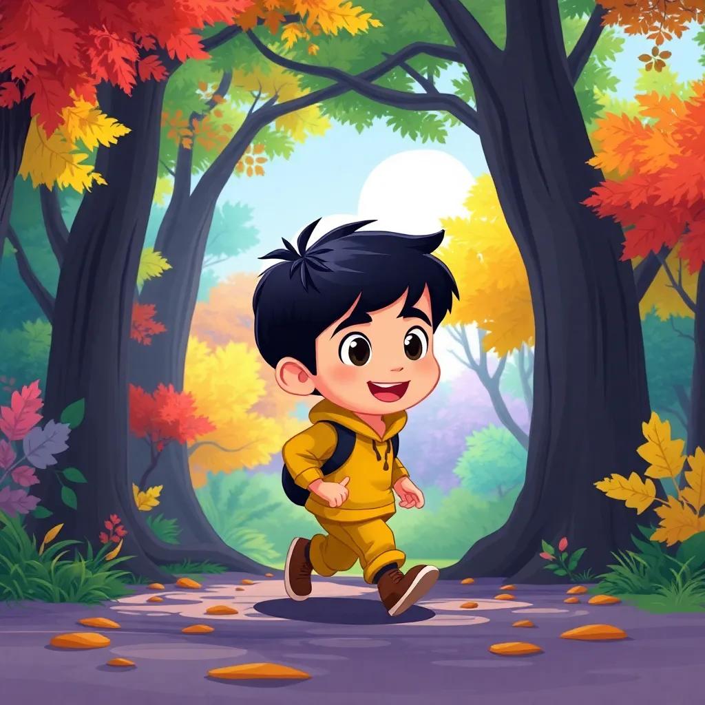 A small boy, Ali, with short black hair, sneaking away from his home, walking through a forest, colorful trees around him, excitement in the air, playful illustration, lively colors, adventurous theme