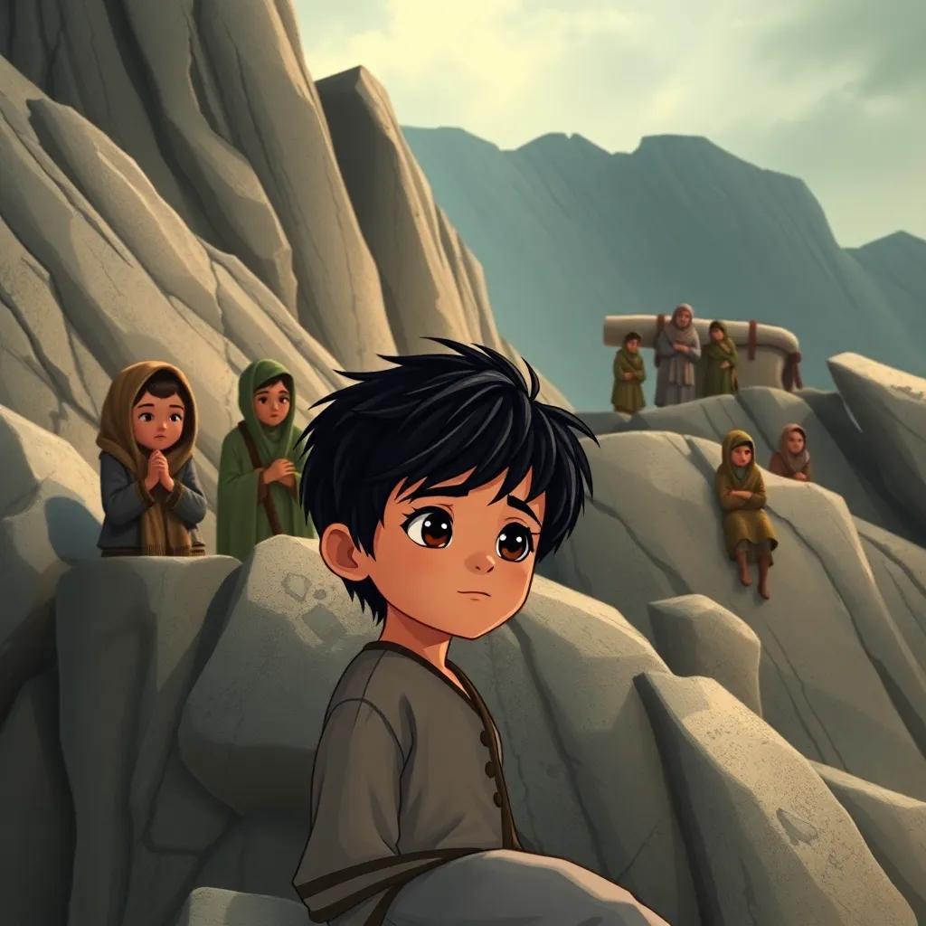 A small boy, Ali, with short black hair, looking at sad villagers on a rocky mountain, with gloomy expressions, detailed scene of struggle, dramatic lighting, heartwarming illustration, soft colors
