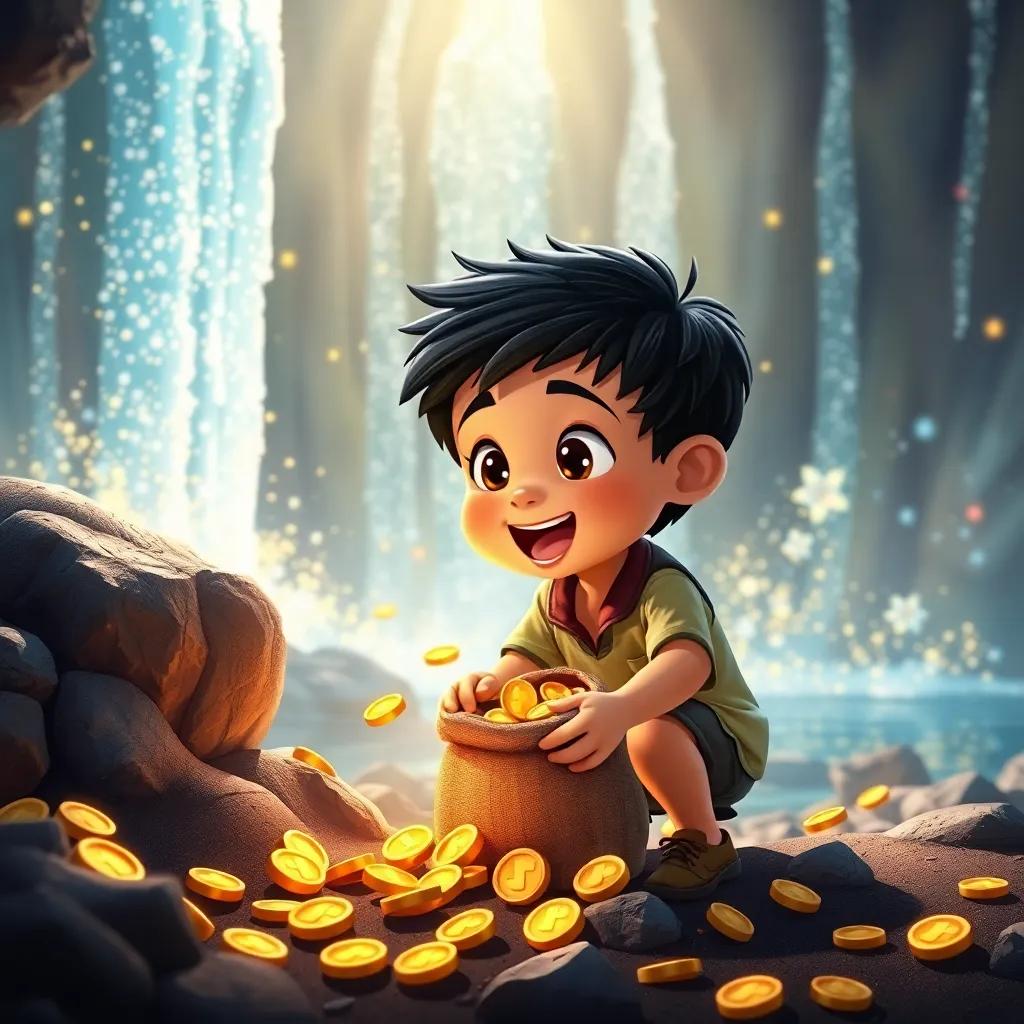 A small boy, Ali, with short black hair, digging excitedly by a sparkling waterfall, finding a bag full of gold coins, shimmering treasure, magical scene, bright colors, vibrant atmosphere