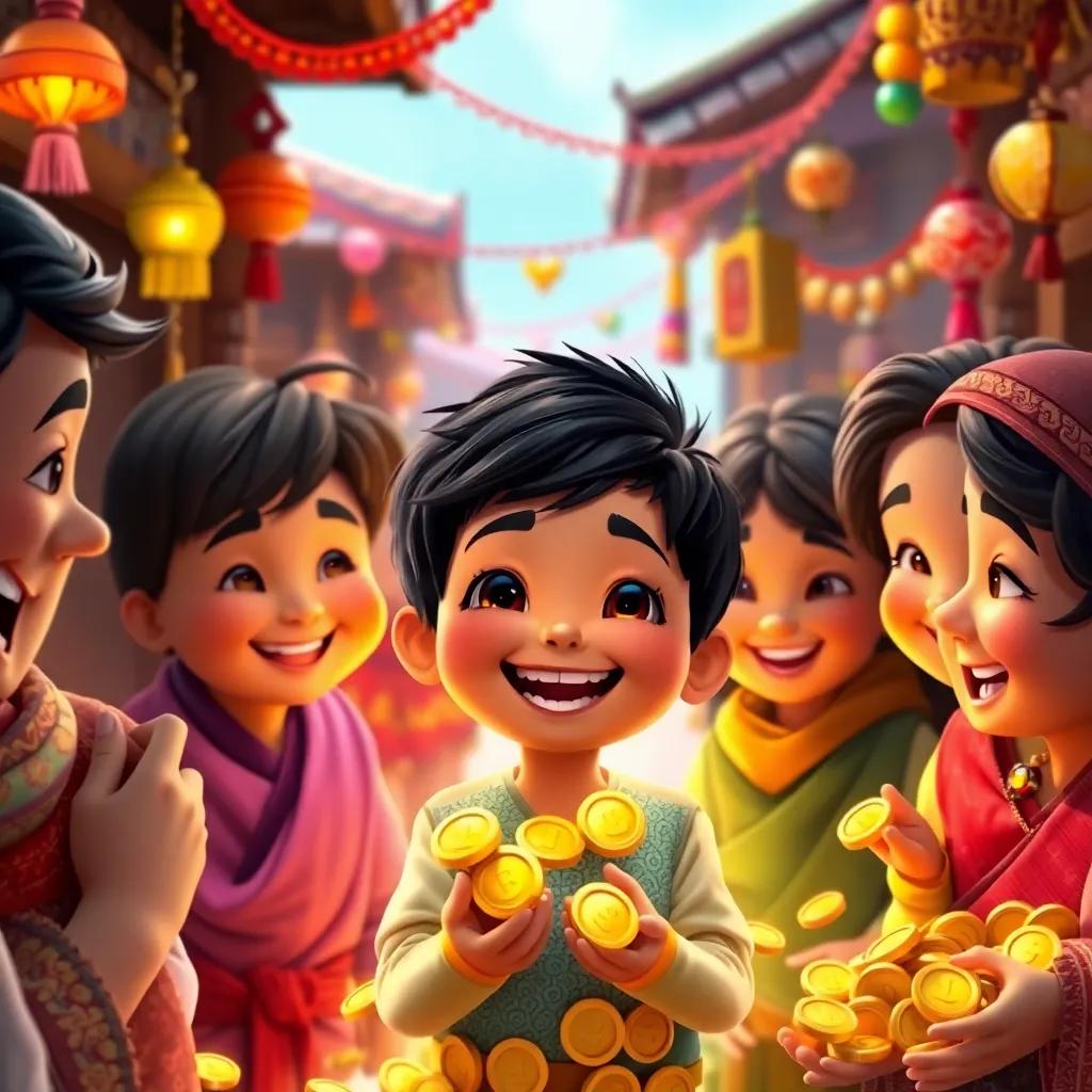 A small boy, Ali, with short black hair, joyfully giving gold coins to smiling villagers, happy expressions on their faces, colorful decorations around, heartwarming scene, rich colors, uplifting imagery