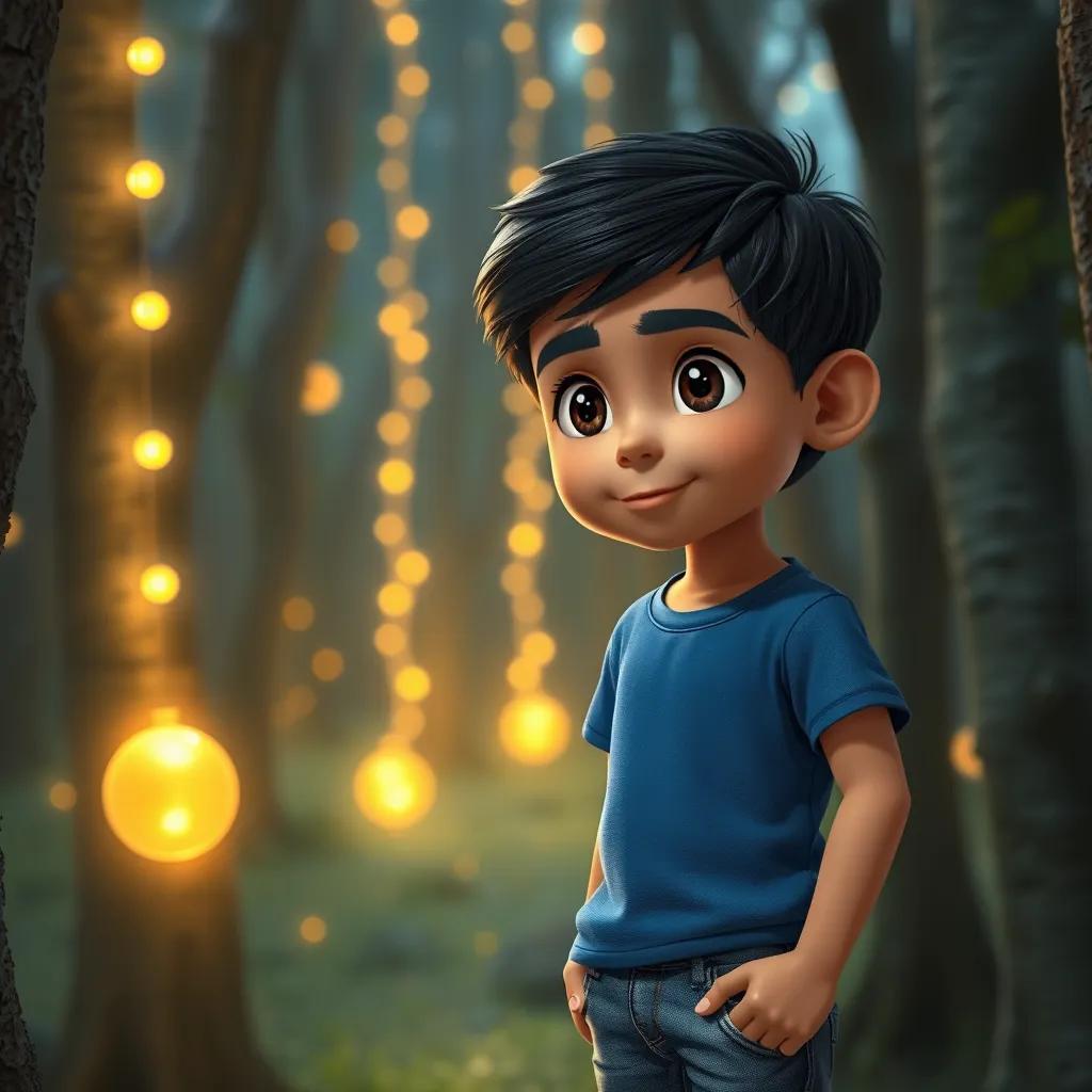A young Arab boy, Sami, with short black hair wearing a blue t-shirt and jeans, standing curiously by shining objects in the trees, magical atmosphere, whimsical forest, mystical light