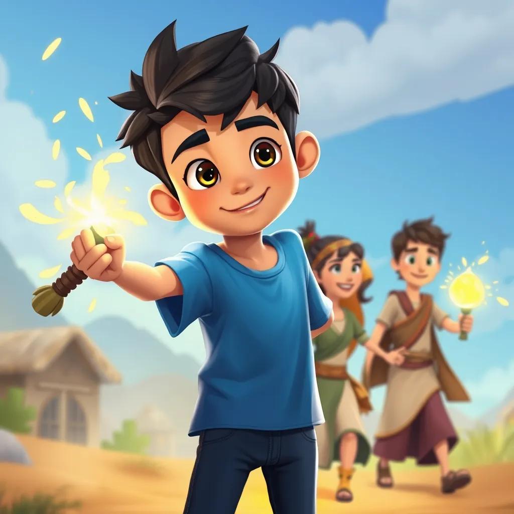 A young Arab boy, Sami, with short black hair in a blue t-shirt and jeans, along with friends using the magical weapon to help villagers, showcasing teamwork, heroic action, vibrant colors