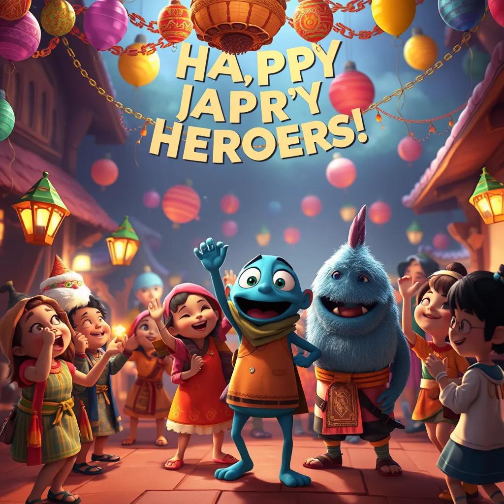 A festive scene celebrating the heroes, with villagers, including Sami and the security monster, dancing and cheering, colorful decorations, warm atmosphere, joyful celebration