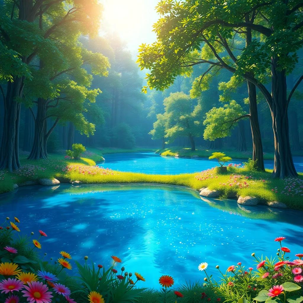 A magical forest with a beautiful blue lake sparkling under the sun, surrounded by lush green trees and colorful flowers, vibrant colors, digital art, inviting atmosphere, high detail