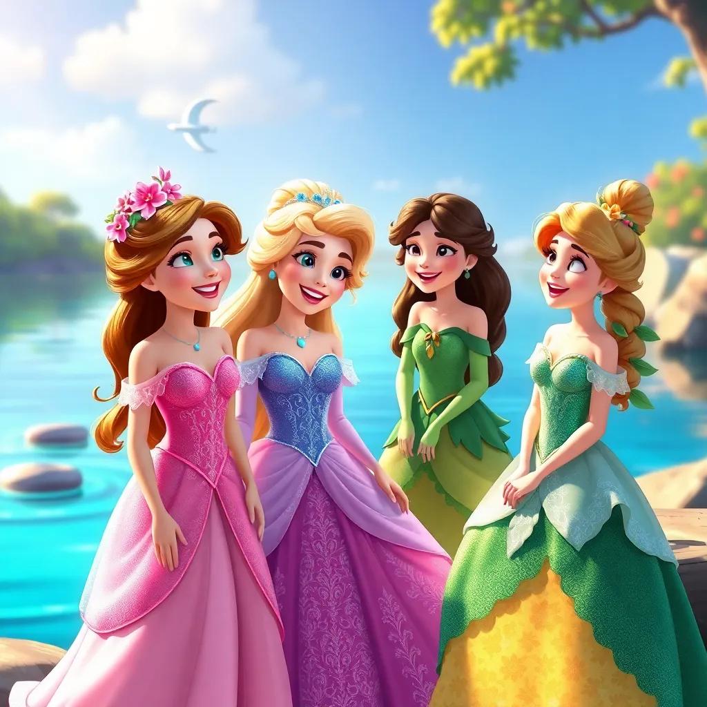 Three princesses, Jouri, with a pink dress adorned with flowers, Ritaj, in a shiny blue dress, and Tolen, in a green dress adorned with leaves, smiling and laughing by the lake, joyful scene, colorful, fairy tale illustration, warm light, enchanting atmosphere